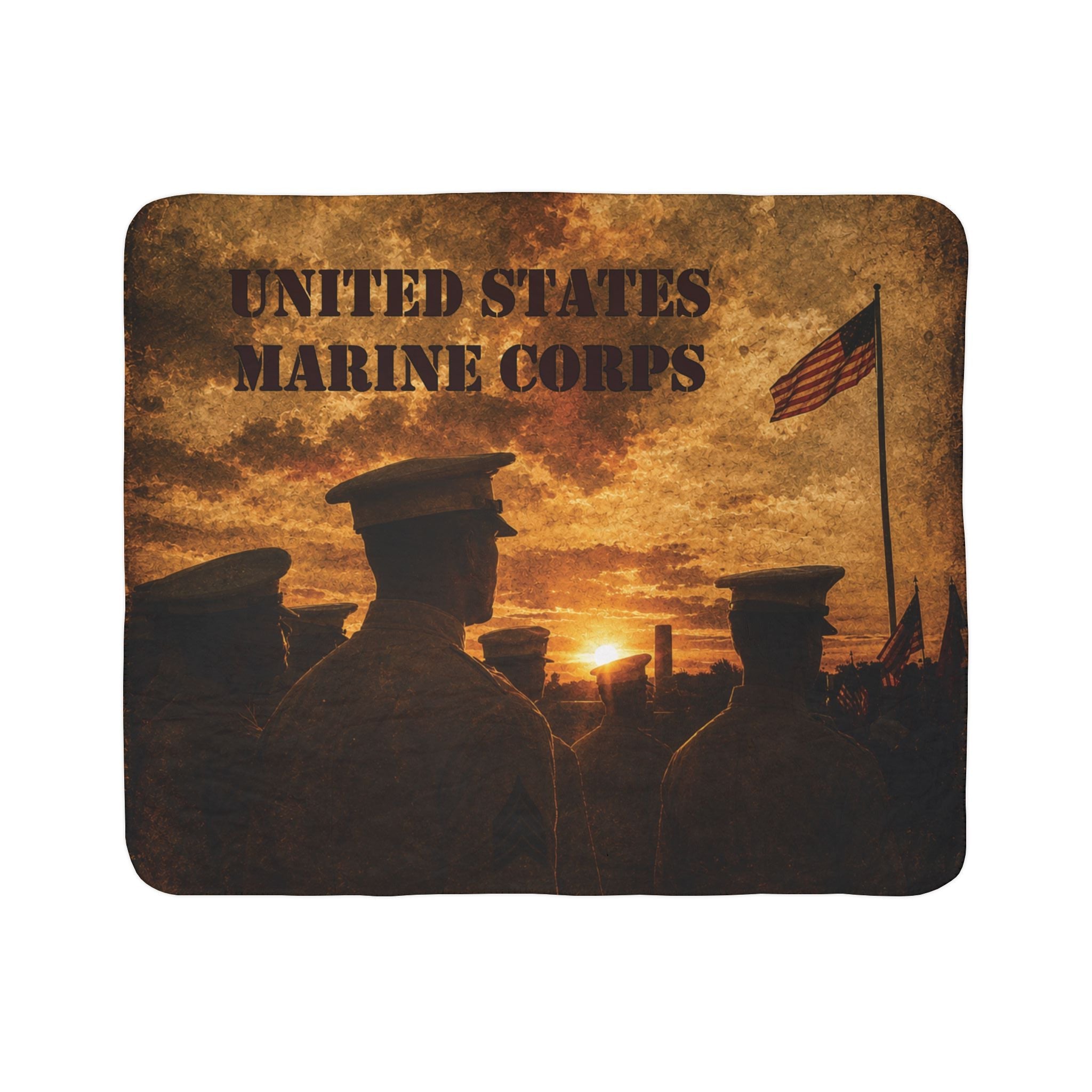 A square throw blanket featuring a vintage-style graphic print of United States Marine Corps silhouettes, a sunset, and an American flag, with 'UNITED STATES MARINE CORPS' printed vertically on the right side.