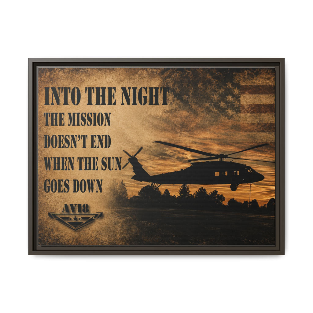 Into The Night Helicopter Matte Canvas Wall Art — "Into The Night: The mission doesn't end when the sun goes down" Framed Military Print