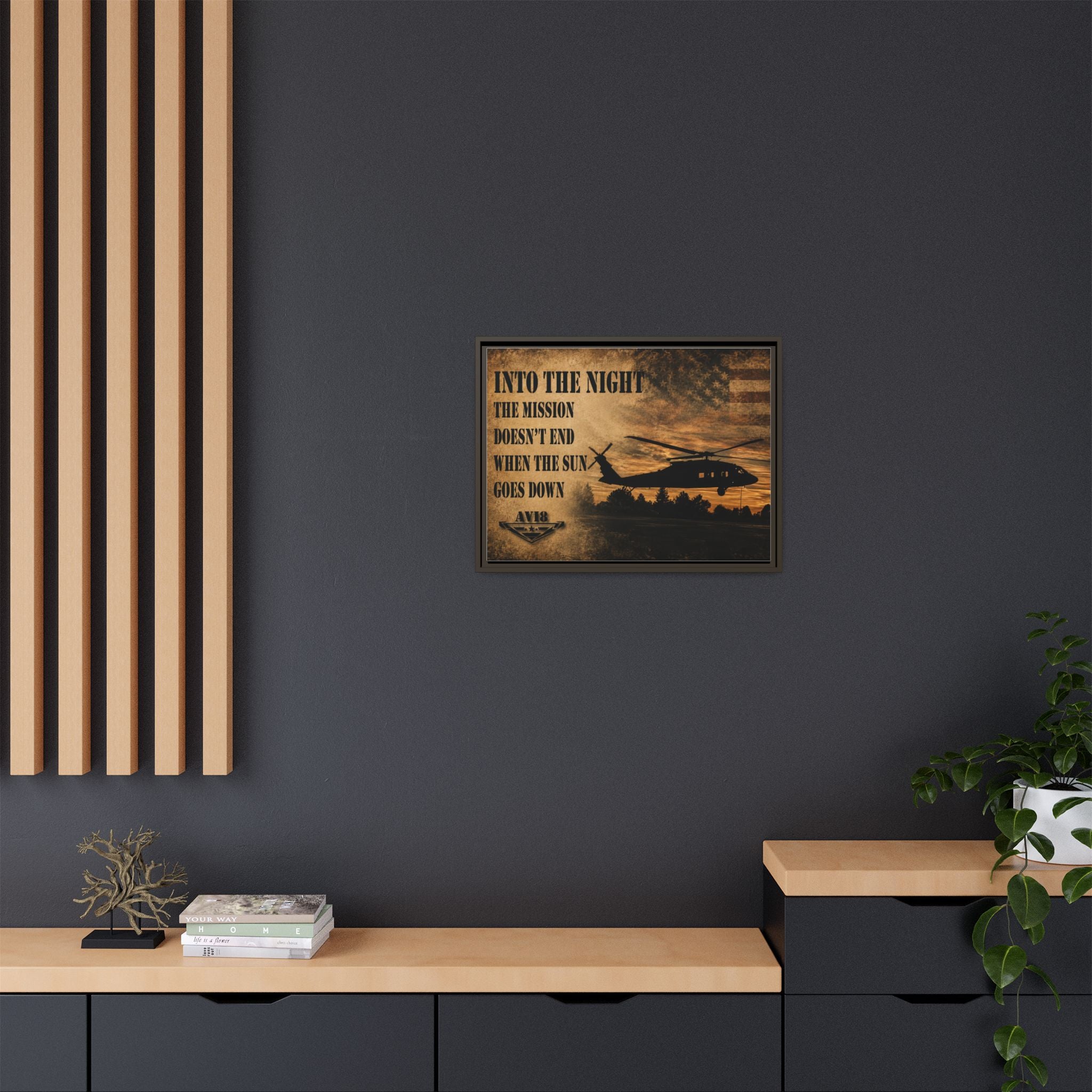Into The Night Helicopter Matte Canvas Wall Art — "Into The Night: The mission doesn't end when the sun goes down" Framed Military Print