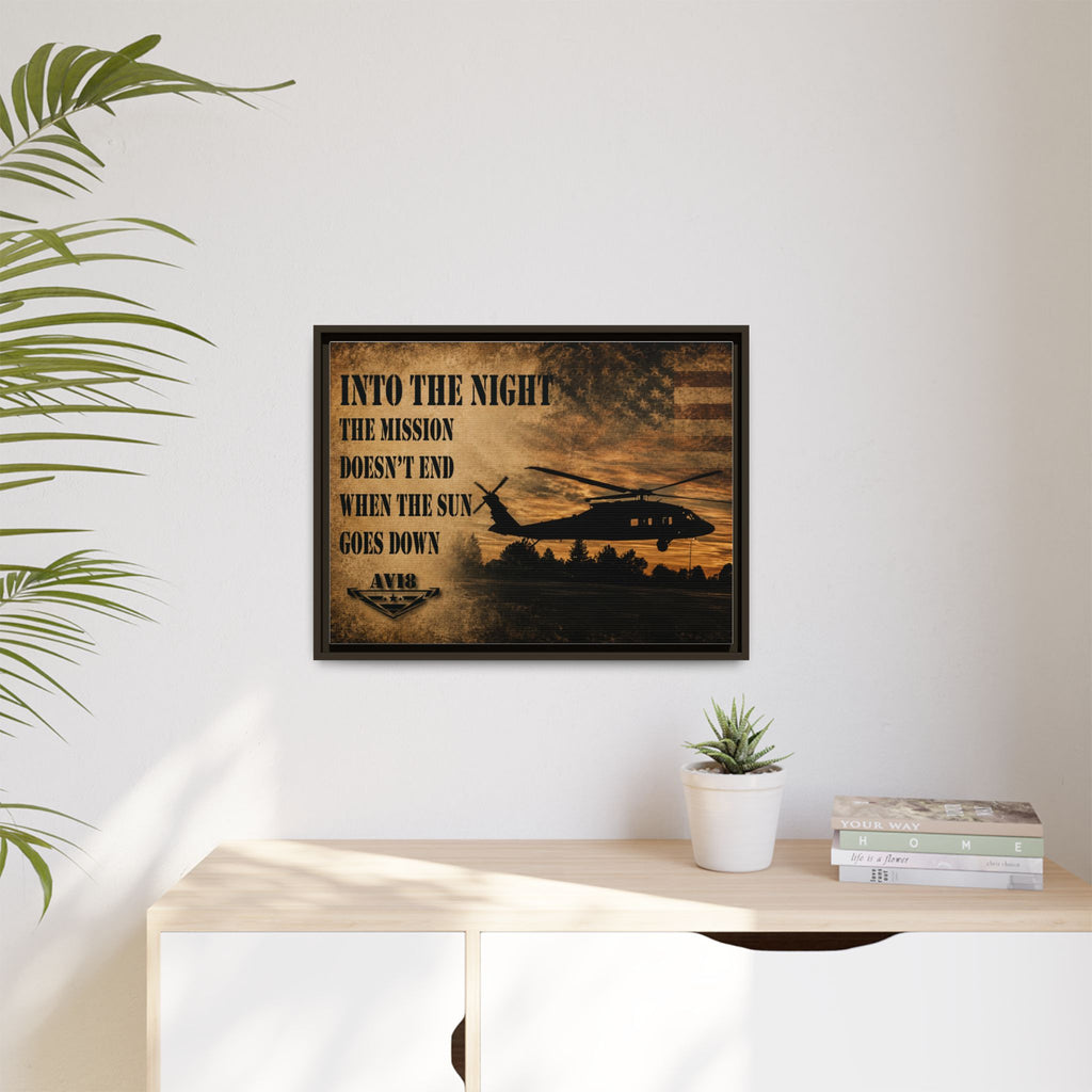Into The Night Helicopter Matte Canvas Wall Art — "Into The Night: The mission doesn't end when the sun goes down" Framed Military Print