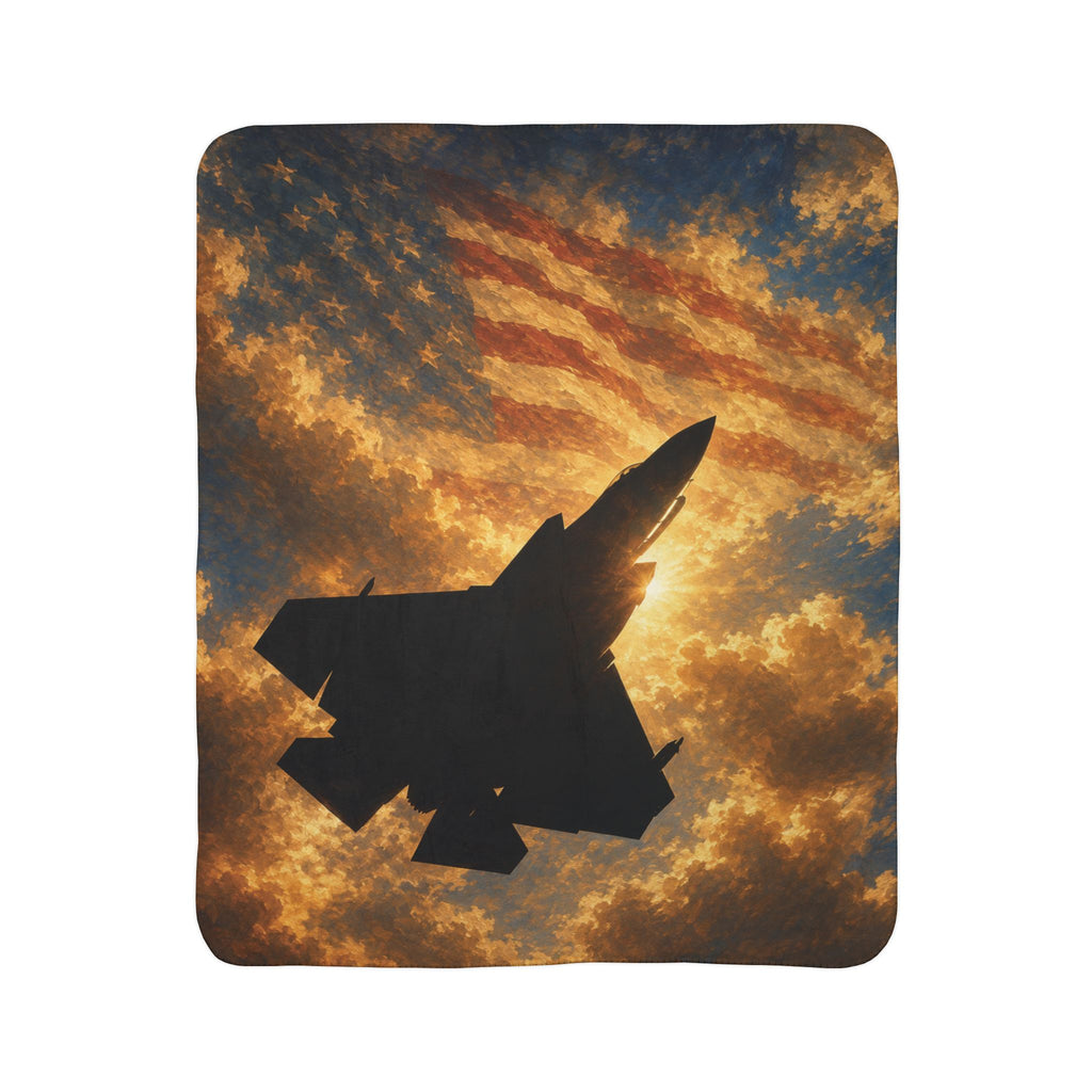 Patriotic Fighter Jet Sherpa Blanket – American Flag Sky Silhouette
