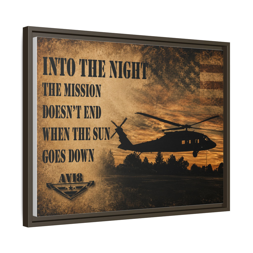 Into The Night Helicopter Matte Canvas Wall Art — "Into The Night: The mission doesn't end when the sun goes down" Framed Military Print
