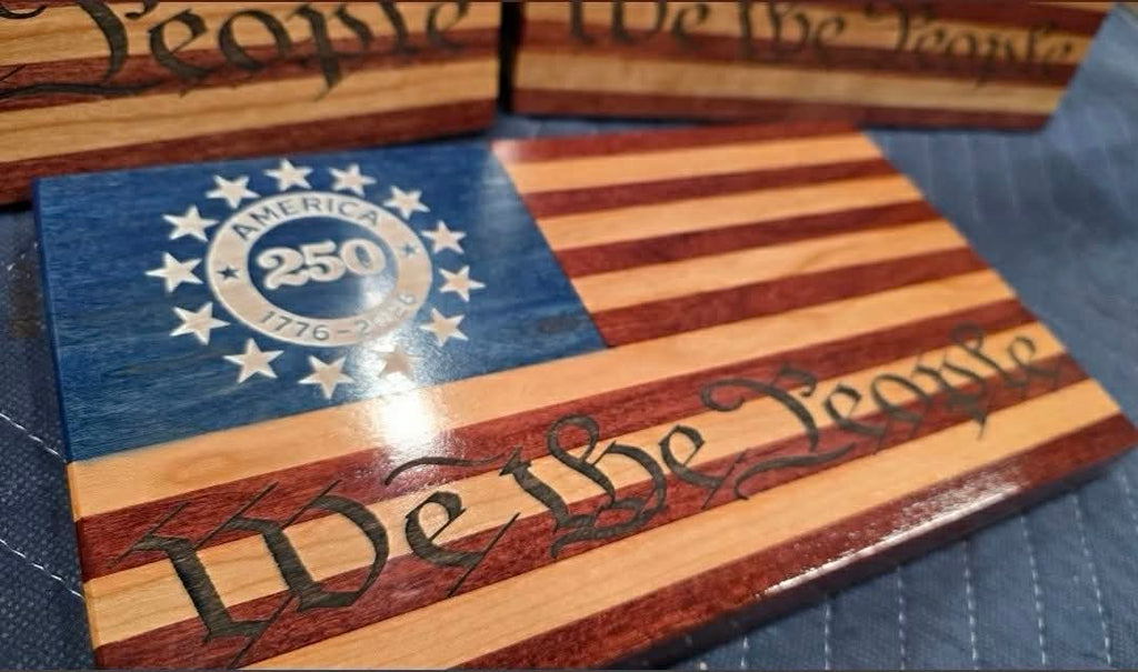 We The People 250th Anniversary Handcrafted Wooden Desktop Flag – Made by U.S. Veterans
