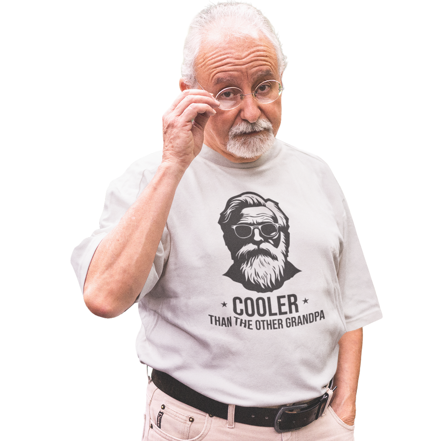 Man wearing a t-shirt with a graphic and text 'Cooler Than the Other Grandpa' on a white background