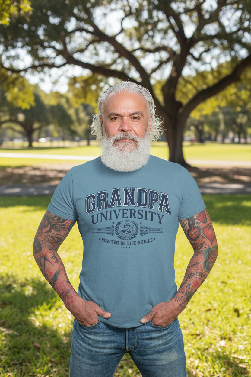 Grandpa University Premium Tee (Navy Graphic)